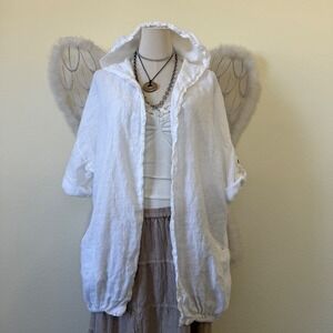 White 100% Linen Hooded Jacket Floral Embroidery Mori Girl Oversized Layering
